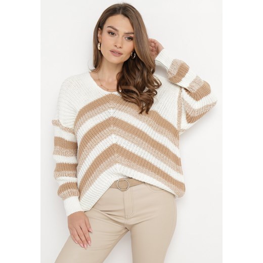 Jasnobeżowy Luźny Sweter w Paski Onortte ONE SIZE wyprzedaż Born2be Odzież