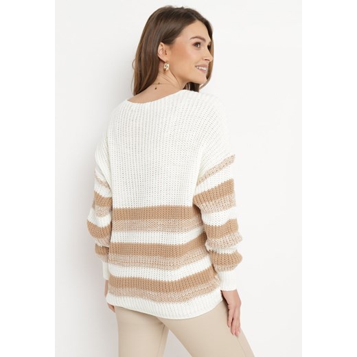Jasnobeżowy Luźny Sweter w Paski Onortte ONE SIZE wyprzedaż Born2be Odzież
