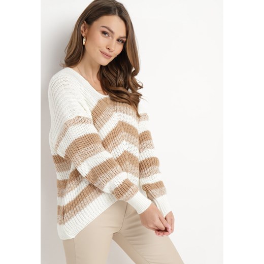 Jasnobeżowy Luźny Sweter w Paski Onortte ONE SIZE wyprzedaż Born2be Odzież