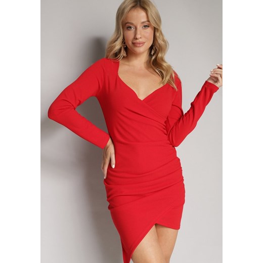 Czerwona Asymetryczna Sukienka Mini z Ozdobnym Marszczeniem Lunccera ze sklepu Born2be Odzież w kategorii Sukienki - zdjęcie 165003232