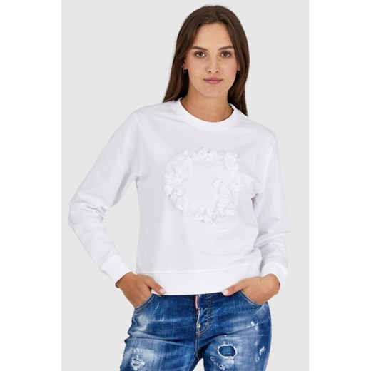 GUESS Biała bluza damska z literką g obszytą płatkami, Rozmiar M ze sklepu outfit.pl w kategorii Bluzy damskie - zdjęcie 165007323