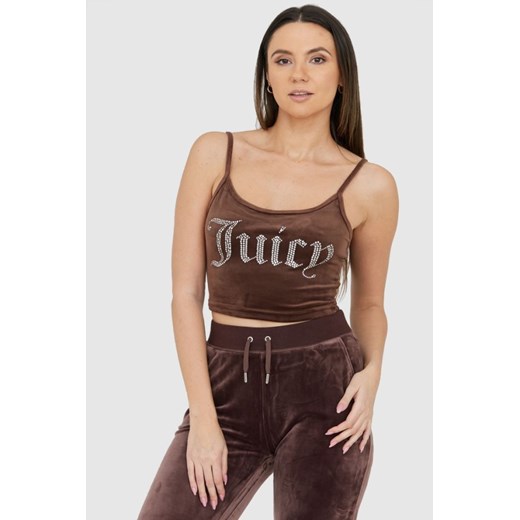 JUICY COUTURE Brązowy welurowy top z błyszczącym logo, Rozmiar L ze sklepu outfit.pl w kategorii Bluzki damskie - zdjęcie 165008003