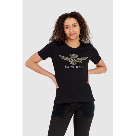 AERONAUTICA MILITARE Czarny t-shirt damski z orłem wykonanym z dżetów, Wybierz rozmiar XS ze sklepu outfit.pl w kategorii Bluzki damskie - zdjęcie 165008504