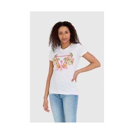 GUESS Biały t-shirt damski z logo z kwiatami i dżetami slim fit, Wybierz rozmiar S ze sklepu outfit.pl w kategorii Bluzki damskie - zdjęcie 165008683