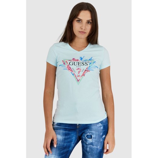 GUESS Błękitny t-shirt damski z logo z liśćmi i cyrkoniami, Wybierz rozmiar L ze sklepu outfit.pl w kategorii Bluzki damskie - zdjęcie 165008772