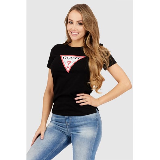 GUESS Czarny t-shirt damski z dużym trójkątnym logo, Wybierz rozmiar S ze sklepu outfit.pl w kategorii Bluzki damskie - zdjęcie 165008852