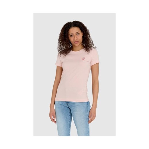 GUESS Różowy t-shirt damski slim fit z małym logo, Wybierz rozmiar M ze sklepu outfit.pl w kategorii Bluzki damskie - zdjęcie 165009022