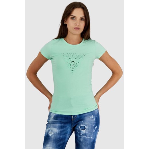 GUESS Zielony t-shirt damski z ażurowym logo, Wybierz rozmiar M ze sklepu outfit.pl w kategorii Bluzki damskie - zdjęcie 165009121