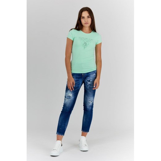 GUESS Zielony t-shirt damski z ażurowym logo, Rozmiar L Guess L wyprzedaż outfit.pl