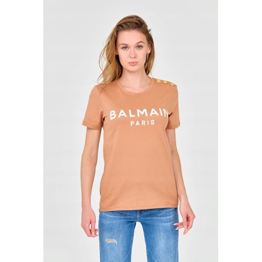 BALMAIN Brązowy damski t-shirt z guzikami, Wybierz rozmiar M ze sklepu outfit.pl w kategorii Bluzki damskie - zdjęcie 165009543