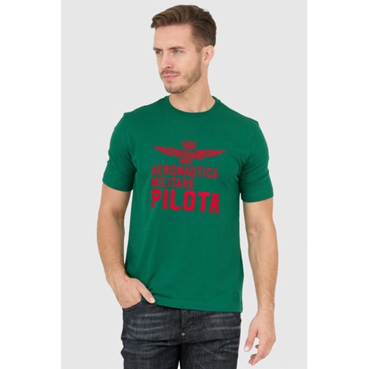 AERONAUTICA MILITARE Zielony t-shirt męski z aksamitnym logo, Rozmiar L ze sklepu outfit.pl w kategorii T-shirty męskie - zdjęcie 165013601