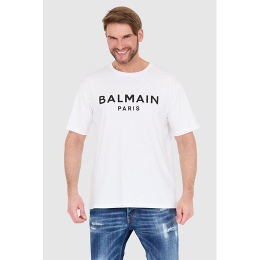 BALMAIN Biały t-shirt męski z drukowanym czarnym logo, Wybierz rozmiar 2XL ze sklepu outfit.pl w kategorii T-shirty męskie - zdjęcie 165013673