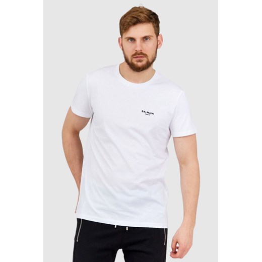 BALMAIN Biały t-shirt męski z małym aksamitnym logo, Wybierz rozmiar S ze sklepu outfit.pl w kategorii T-shirty męskie - zdjęcie 165013692