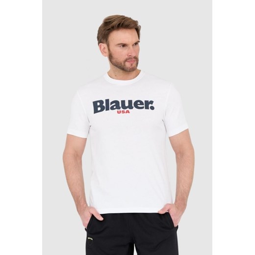BLAUER Biały męski t-shirt z dużym logo, Wybierz rozmiar M ze sklepu outfit.pl w kategorii T-shirty męskie - zdjęcie 165013734