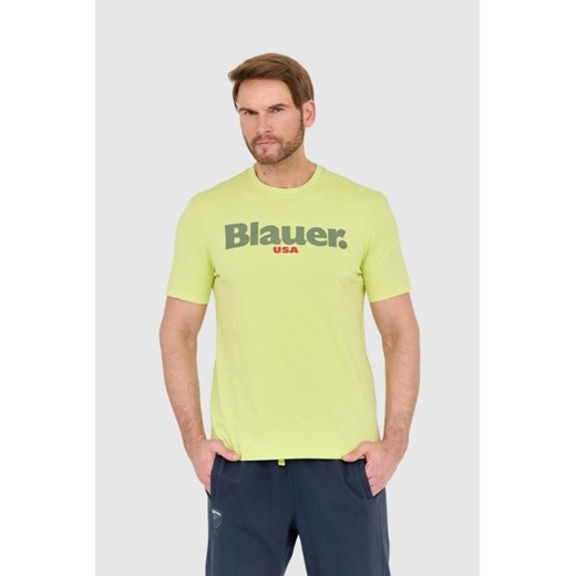 BLAUER Zielony męski t-shirt z dużym logo, Wybierz rozmiar M ze sklepu outfit.pl w kategorii T-shirty męskie - zdjęcie 165013782