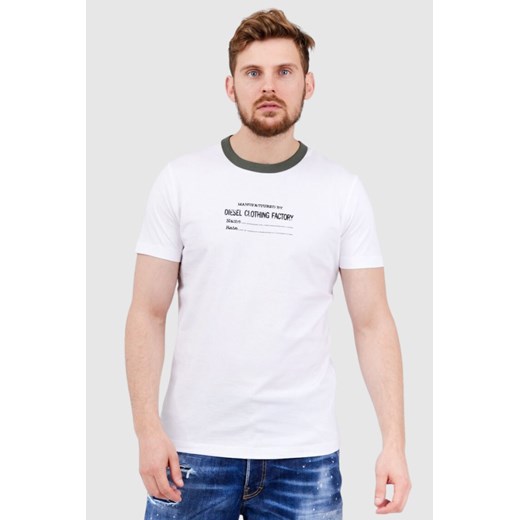 DIESEL Biały t-shirt męski z lamówką w kolorze khaki, Wybierz rozmiar L ze sklepu outfit.pl w kategorii T-shirty męskie - zdjęcie 165013803