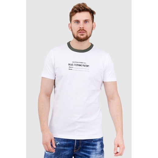 DIESEL Biały t-shirt męski z lamówką w kolorze khaki, Rozmiar L ze sklepu outfit.pl w kategorii T-shirty męskie - zdjęcie 165013803