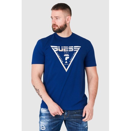 GUESS Granatowy t-shirt męski z logo w moro, Rozmiar L ze sklepu outfit.pl w kategorii T-shirty męskie - zdjęcie 165014101