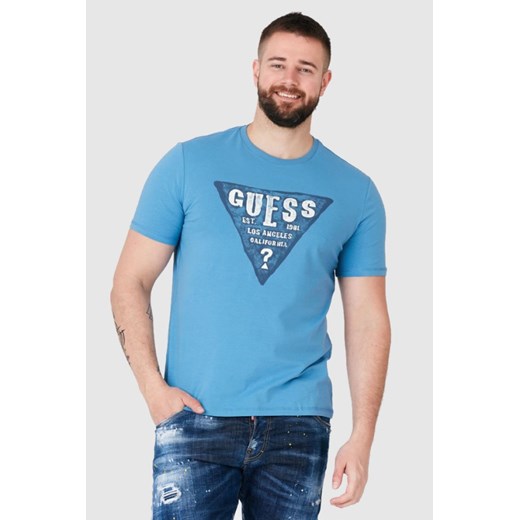 GUESS Niebieski t-shirt męski z dużym logo, Wybierz rozmiar M ze sklepu outfit.pl w kategorii T-shirty męskie - zdjęcie 165014122