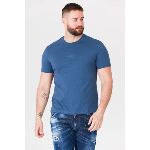 GUESS Niebieski t-shirt męski z aplikacją z logo, Wybierz rozmiar M ze sklepu outfit.pl w kategorii T-shirty męskie - zdjęcie 165014131