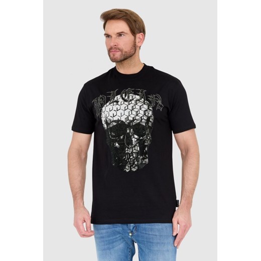 PHILIPP PLEIN Czarny t-shirt zdobiony dżetami z czaszką i logo, Wybierz rozmiar S ze sklepu outfit.pl w kategorii T-shirty męskie - zdjęcie 165014324