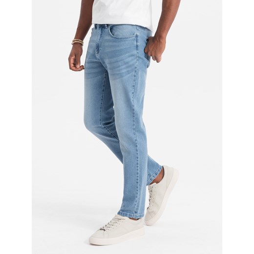 Spodnie męskie jeansowe SLIM FIT - jasnoniebieskie V2 OM-PADP-0110 ze sklepu ombre w kategorii Jeansy męskie - zdjęcie 165015793