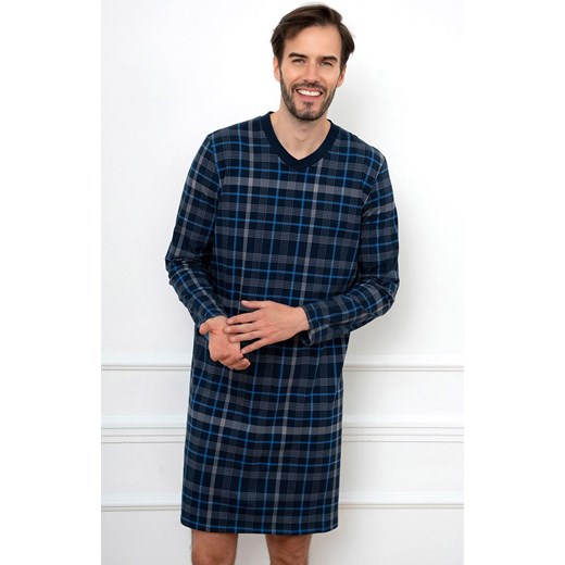 Bawełniana koszula nocna męska z długim rękawem Jakub, Kolor granatowy-wzór, Rozmiar M, Italian Fashion ze sklepu Intymna w kategorii Piżamy męskie - zdjęcie 165018491
