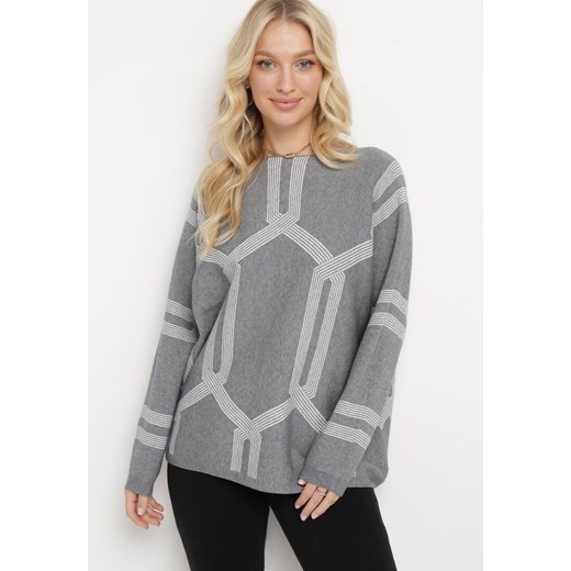 Szary Sweter z Geometrycznym Wzorem i Ściągaczami Buvania ze sklepu Born2be Odzież w kategorii Swetry damskie - zdjęcie 165034250