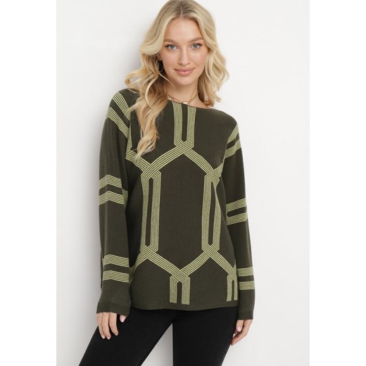 Zielony Sweter z Geometrycznym Wzorem i Ściągaczami Buvania ze sklepu Born2be Odzież w kategorii Swetry damskie - zdjęcie 165034260