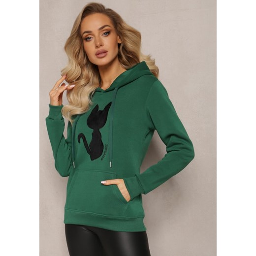 Zielona Bluza Kangurka z Czarnym Kotem i Kapturem Hummi ze sklepu Renee odzież w kategorii Bluzy damskie - zdjęcie 165045650