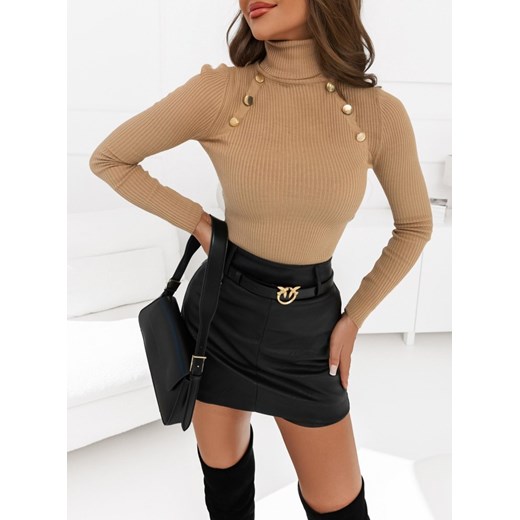 Dopasowany prążkowany sweterek z golfem i guzikami Lassie - odcienie brązu - odcienie brązu ze sklepu pakuten.pl w kategorii Swetry damskie - zdjęcie 165046941