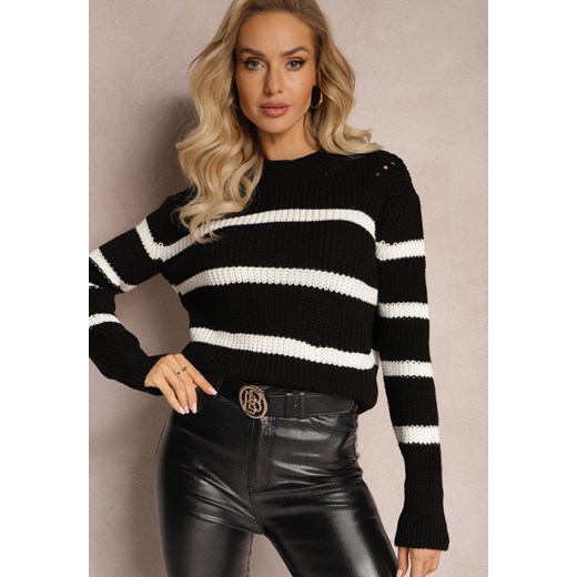 Czarny Elastyczny Sweter w Paski z Okrągłym Dekoltem Lillana ze sklepu Renee odzież w kategorii Swetry damskie - zdjęcie 165047934