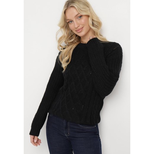 Czarny Sweter z Kaszmirem i Warkoczowym Splotem Junivesa ze sklepu Born2be Odzież w kategorii Swetry damskie - zdjęcie 165048261