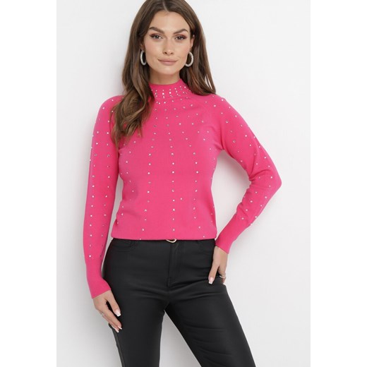 Różowy Sweter z Golfem Ozdobiony Kompozycją z Cyrkonii Ruittes ze sklepu Born2be Odzież w kategorii Swetry damskie - zdjęcie 165093584