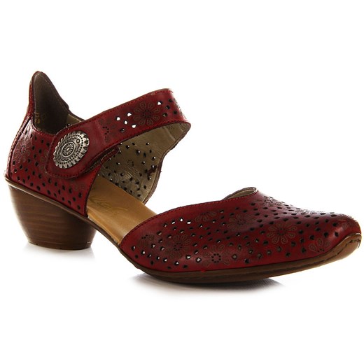 RIEKER 43711-33 skórzane czerwone sandały damskie ażurowe lekkie komfortowe butyraj-pl brazowy łatki