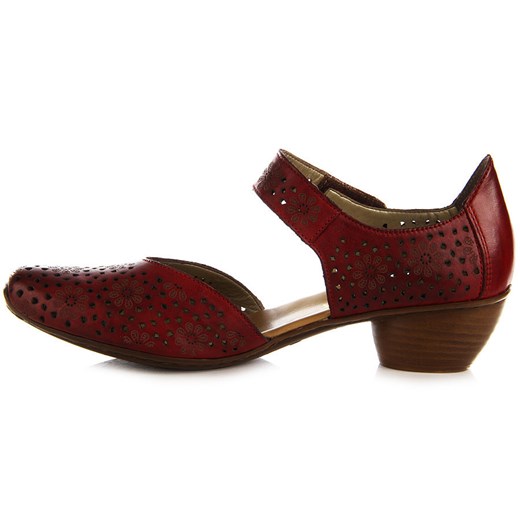 RIEKER 43711-33 skórzane czerwone sandały damskie ażurowe lekkie komfortowe butyraj-pl brazowy na obcasie