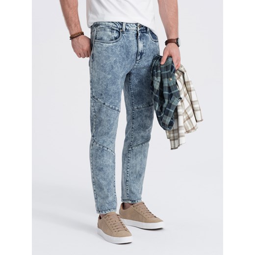 Spodnie męskie jeansowe slim fit z przeszyciem na kolanach - niebieskie V1 OM-PADP-0109 ze sklepu ombre w kategorii Jeansy męskie - zdjęcie 165099634