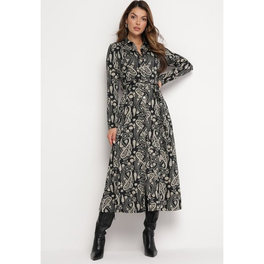 Czarna Koszulowa Sukienka Maxi z Wiązanym Paskiem i Wzorem Paisley Biurtte ze sklepu Born2be Odzież w kategorii Sukienki - zdjęcie 165143230