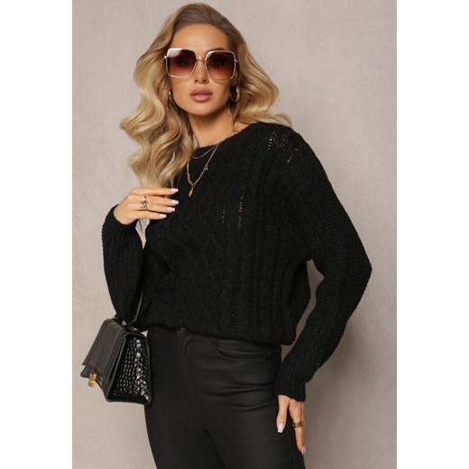 Czarny Sweter z Warkoczowym Splotem i Kaszmirem Justinne ze sklepu Renee odzież w kategorii Swetry damskie - zdjęcie 165152743