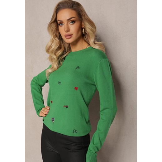 Zielony Sweter z Kaszmirem i Haftem w Serca Buvia ze sklepu Renee odzież w kategorii Swetry damskie - zdjęcie 165159820