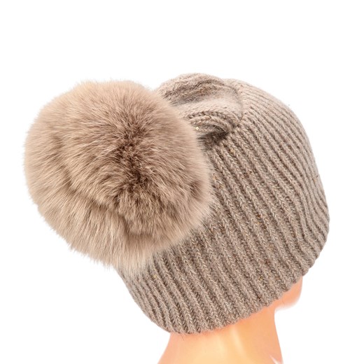 Luksusowa ciepła czapka damska z pomponem z naturalnego futra lisa - TYMOTEO Tymoteo Love uniwersalny Tymoteo.pl - sklep obuwniczy