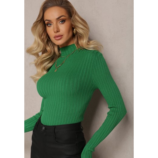 Zielony Prążkowany Golf z Długim Rękawem Olivime ze sklepu Renee odzież w kategorii Swetry damskie - zdjęcie 165165834