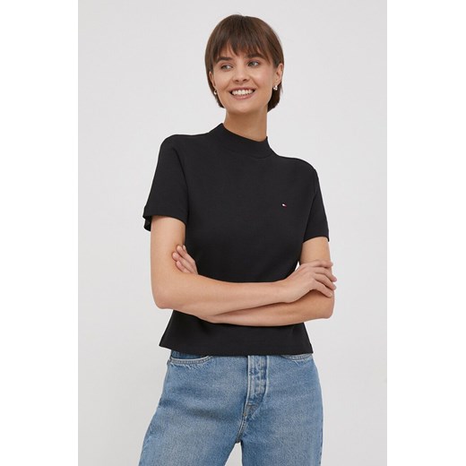 Tommy Hilfiger t-shirt bawełniany damski kolor czarny z półgolfem WW0WW40586 ze sklepu ANSWEAR.com w kategorii Bluzki damskie - zdjęcie 165309363