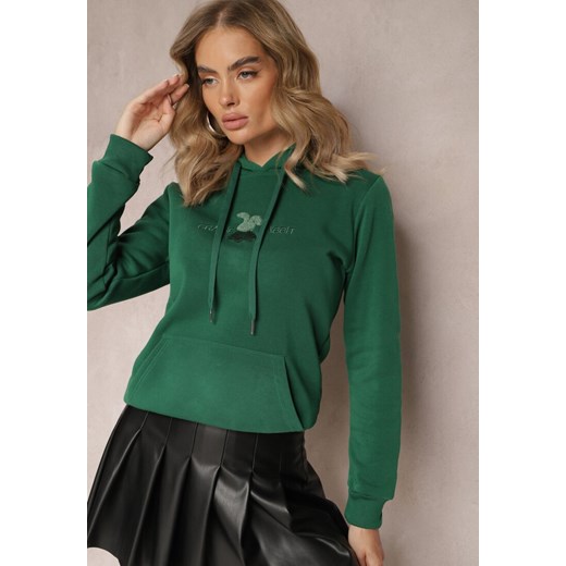 Zielona Ocieplona Bluza z Kapturem Ozdobiona Naszywką i Napisem Eirellia ze sklepu Renee odzież w kategorii Bluzy damskie - zdjęcie 165334433