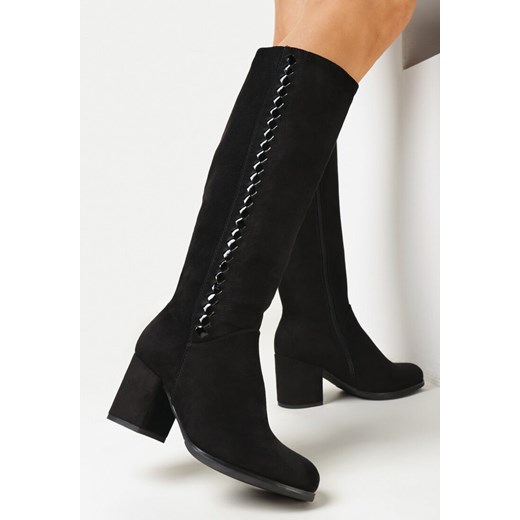 Czarne Kozaki na Słupku z Metalicznym Zdobieniem Aranthe 36 born2be.pl promocyjna cena