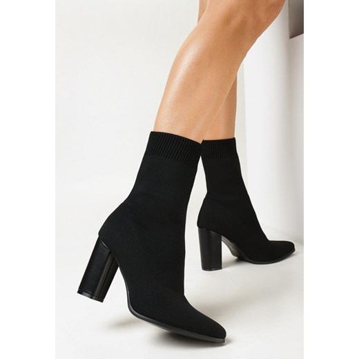 Czarne Botki na Słupku ze Skarpetkową Cholewką i Noskiem w Szpic Elorina 36 born2be.pl promocja