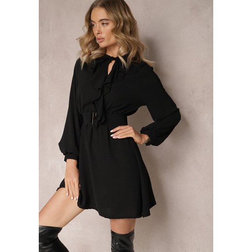 Czarna Mini Sukienka o Rozkloszowanym Fasonie z Falbankami i Gumką w Talii Beranzze ze sklepu Renee odzież w kategorii Sukienki - zdjęcie 165356513