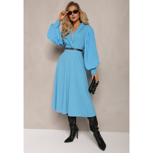 Niebieska Rozkloszowana Sukienka z Paskiem i Długim Rękawem Malaiyah ze sklepu Renee odzież w kategorii Sukienki - zdjęcie 165356703