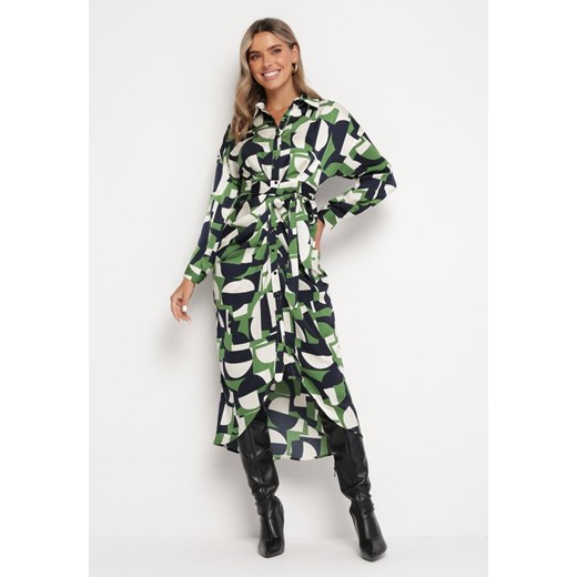 Zielona Koszulowa Sukienka Midi w Geometryczny Wzór Aelindrae ze sklepu Born2be Odzież w kategorii Sukienki - zdjęcie 165378300