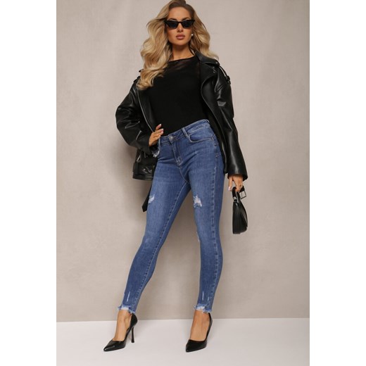 Granatowe Jeansy Skinny o Modelu Push Up z Przetarciami i Strzępieniami Eloina ze sklepu Renee odzież w kategorii Jeansy damskie - zdjęcie 165427740